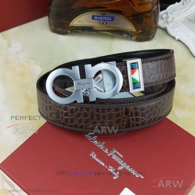 AAA Replica Cheap Ferragamo Brown Crocodile Belt - Pewter Double Gancini Buckle